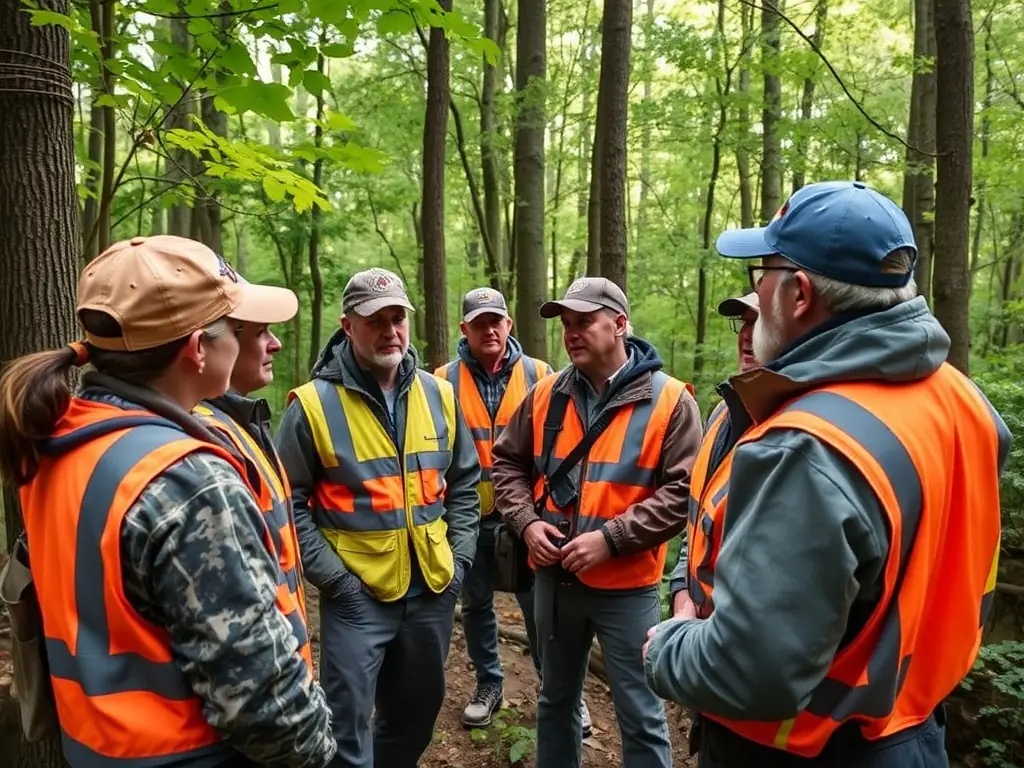 A group of ACCA LA CHATAIGNERAIE DE LEUCAMP members participating in a hunting management training session in a forest setting. The image should convey a sense of responsibility and learning.