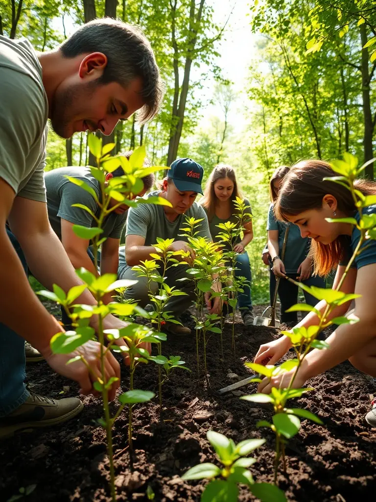 A group of volunteers participating in a habitat restoration project, planting trees and clearing invasive species.