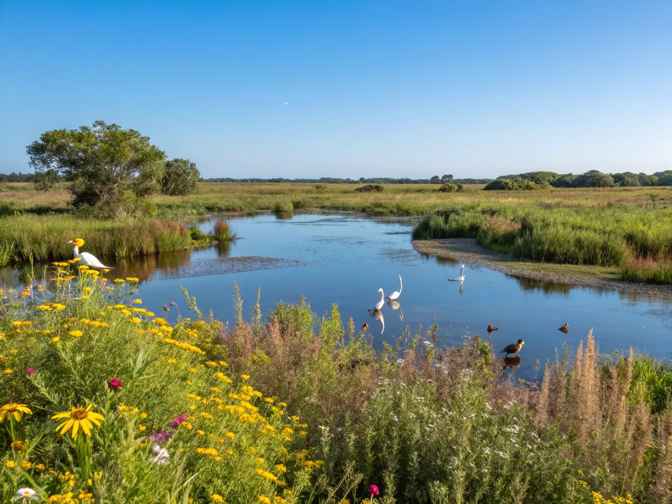 A scenic view of a wildlife habitat restoration project, showcasing native plants and animals. The image should highlight the positive impact of conservation efforts.