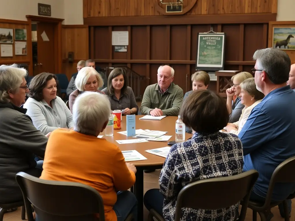 A photograph of a community workshop on sustainable hunting and environmental stewardship, featuring participants actively engaged in learning and discussion.