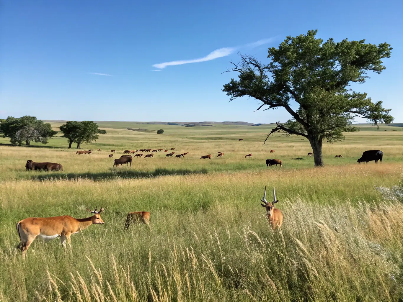 A scenic view of a wildlife conservation area managed by ACCA LA CHATAIGNERAIE DE LEUCAMP, showcasing diverse flora and fauna. The image should highlight the beauty and importance of wildlife conservation.
