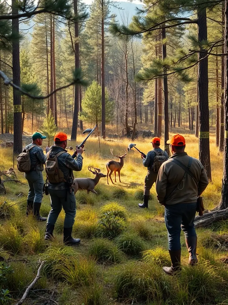 An image of a well-organized hunting area with conservation signage and land management personnel overseeing activities.