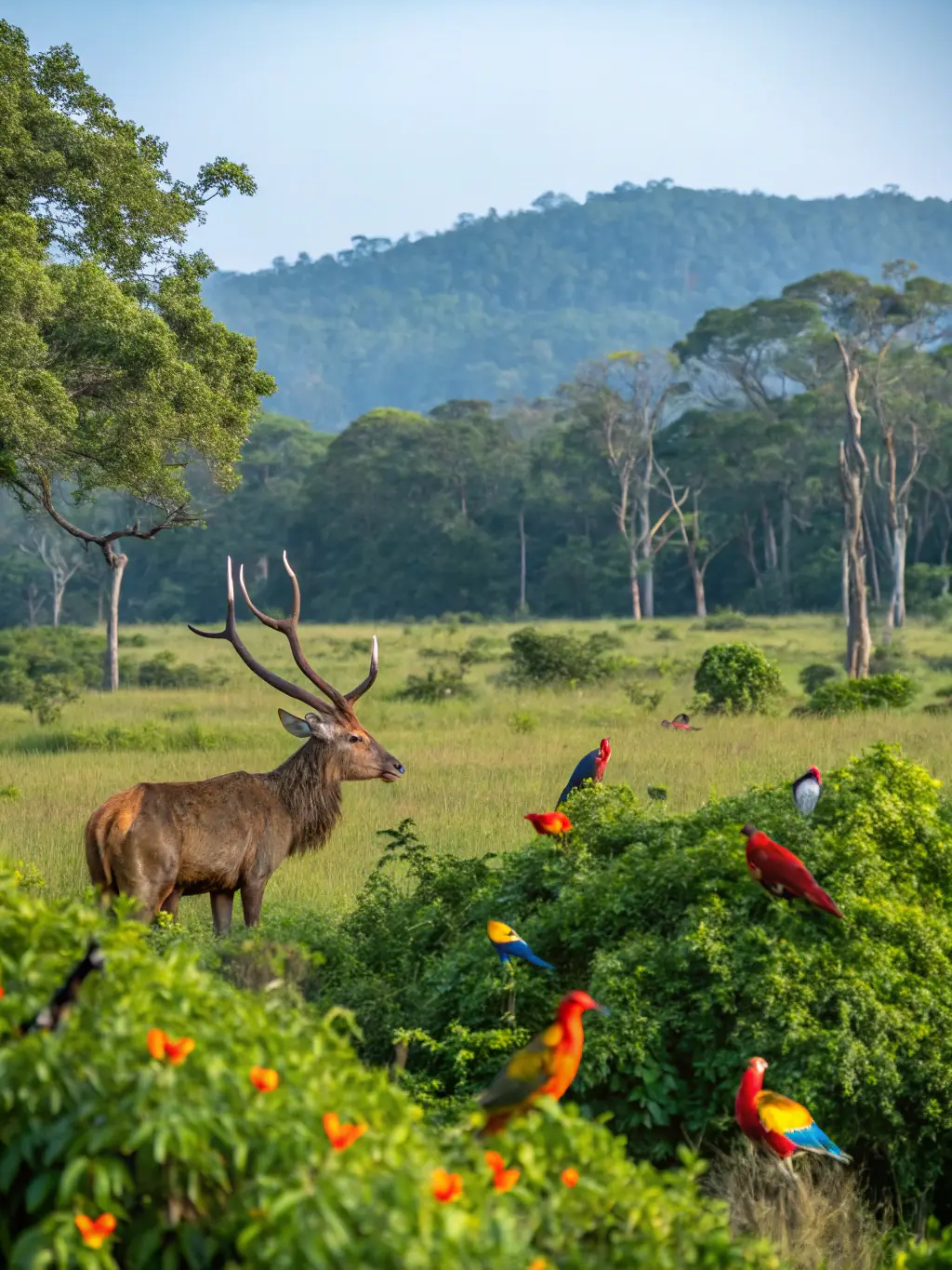 A scenic photo of native wildlife in their natural habitat, with conservationists conducting field research.