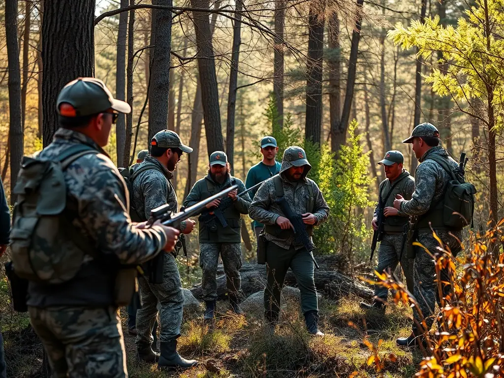 A group of hunters participating in a training session on responsible hunting practices in a forest setting. The image should convey a sense of learning and collaboration.